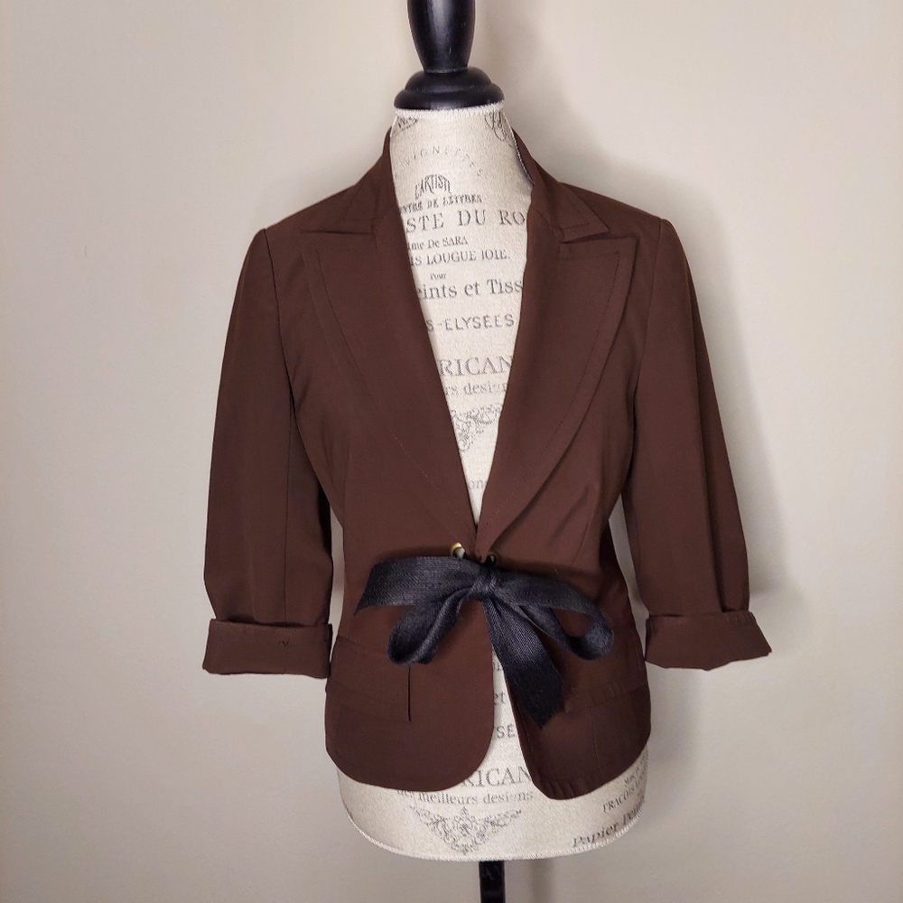 Trina Turk Brown 3/4 Sleeve Blazer Black Tie Front Closure Size 8